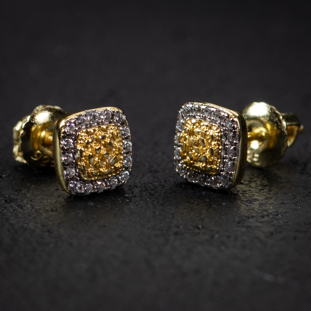 Twotone Mens Iced Gold Nugget Square Stud Earrings